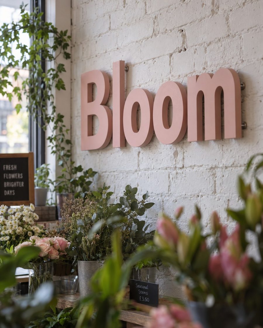 Chunky pink 3D letters spelling Bloom on a painted brick wall